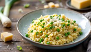 Un risotto tout doux et ultra crémeux aux poireaux, petits pois et parmesan : le dîner doudou prêt en 25 minutes sans une goutte de vin