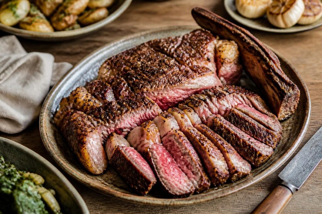 Côte de bœuf au four dorée et juteuse, posée sur une planche en bois avec du fleur de sel et des herbes fraîches