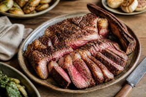 Côte de bœuf au four dorée et juteuse, posée sur une planche en bois avec du fleur de sel et des herbes fraîches