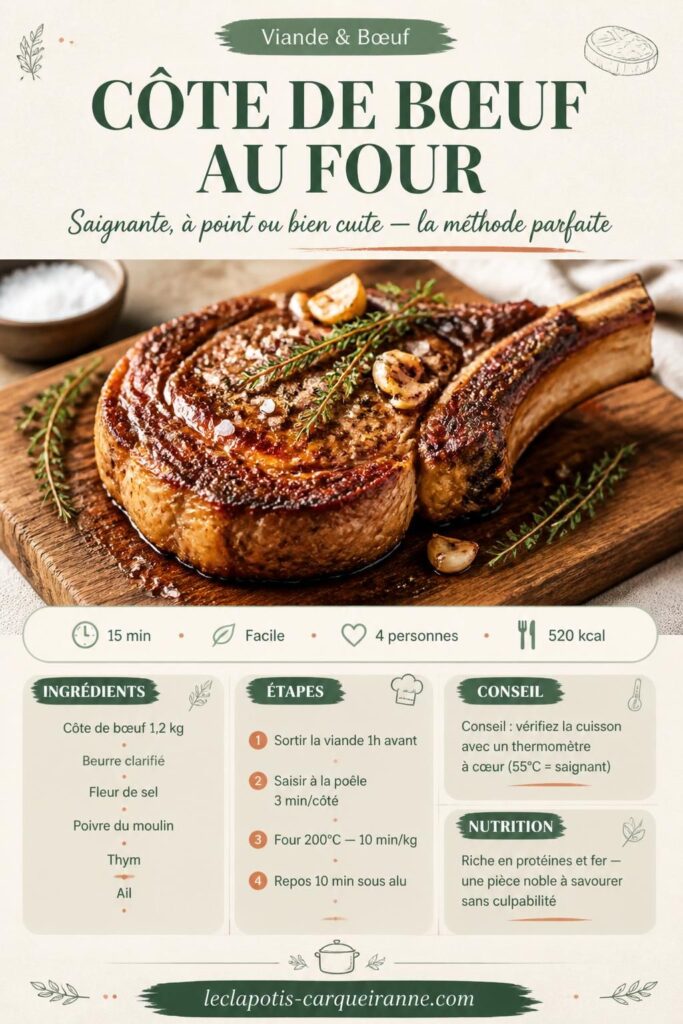 Côte de bœuf au four saignante, posée sur une planche en bois avec fleur de sel et thym frais — recette et temps de cuisson