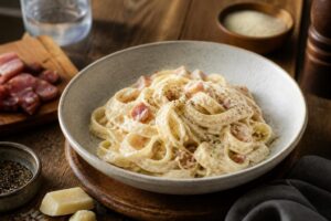 Assiette de pâtes carbonara à la crème fraîche avec lardons dorés et parmesan râpé, vue du dessus sur fond de bois clair