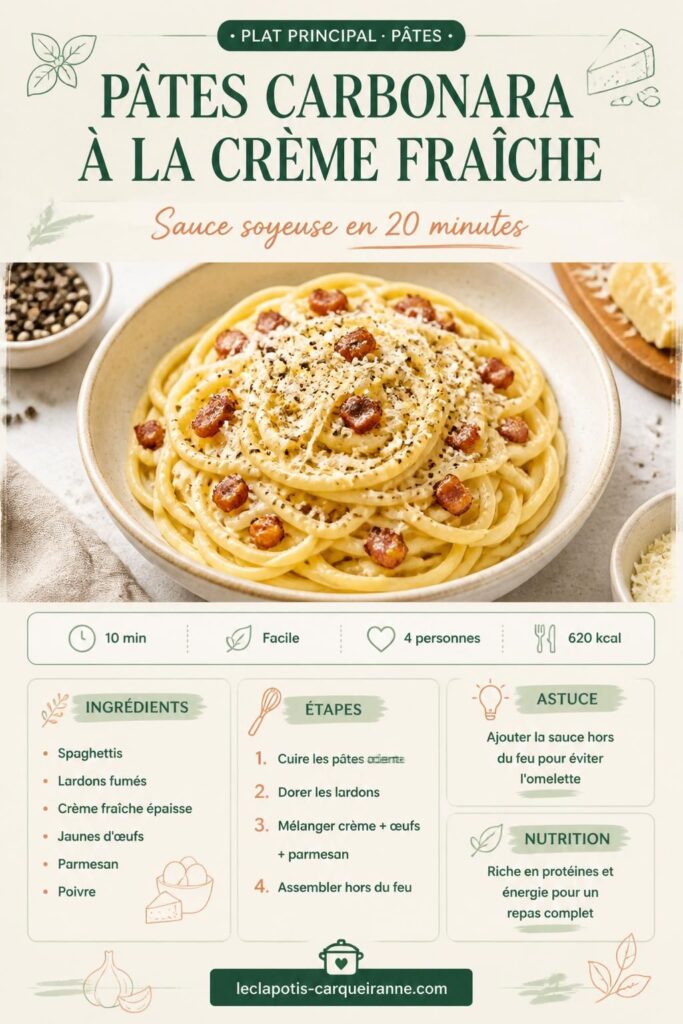 Pâtes carbonara à la crème fraîche avec lardons dorés et parmesan, recette facile en 20 min