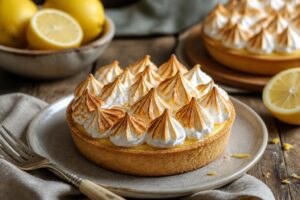 Tartelettes au citron meringuées maison posées sur une grille, meringue suisse dorée au chalumeau, fond de tarte sablé croustillant visible en coupe