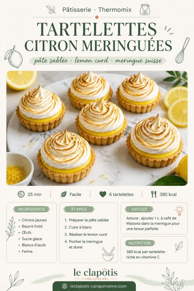 Tartelettes au citron meringuées au Thermomix, meringue suisse dorée au chalumeau, fond de tarte sablé croustillant