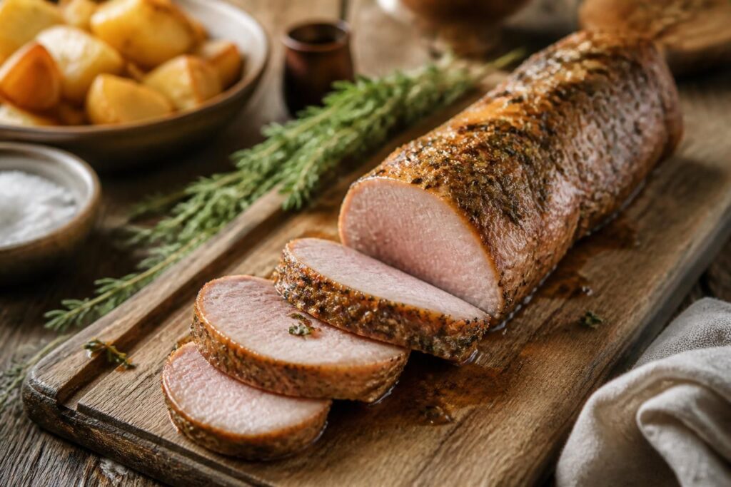 Filet mignon de porc rôti au four, doré et juteux, servi tranché sur une planche en bois avec des herbes fraîches
